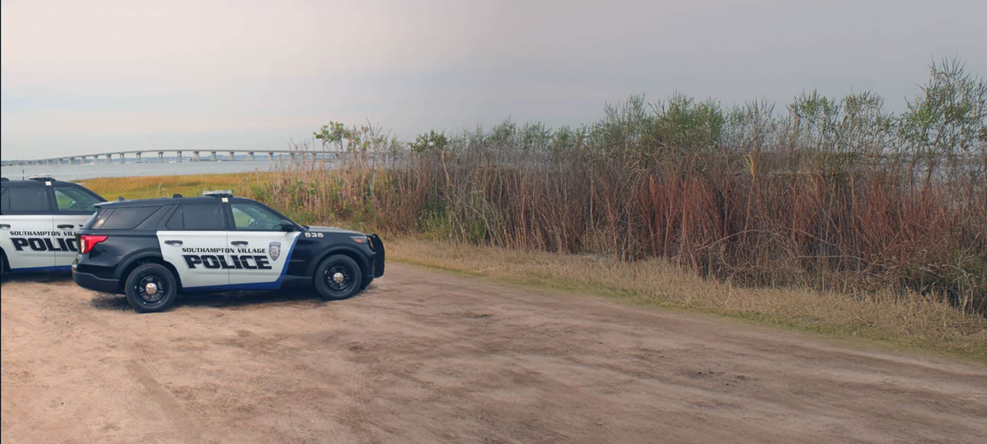 police car in dirt lot near tall grass